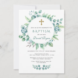 Convites Charm Eucalyptus Greenery Wreath Cross Boy Baptism