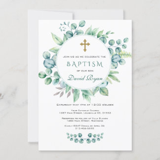 Convites Charm Eucalyptus Greenery Wreath Cross Boy Baptism