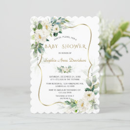 Convites Charm Ivory White Flowers Dourado Chá de fraldas