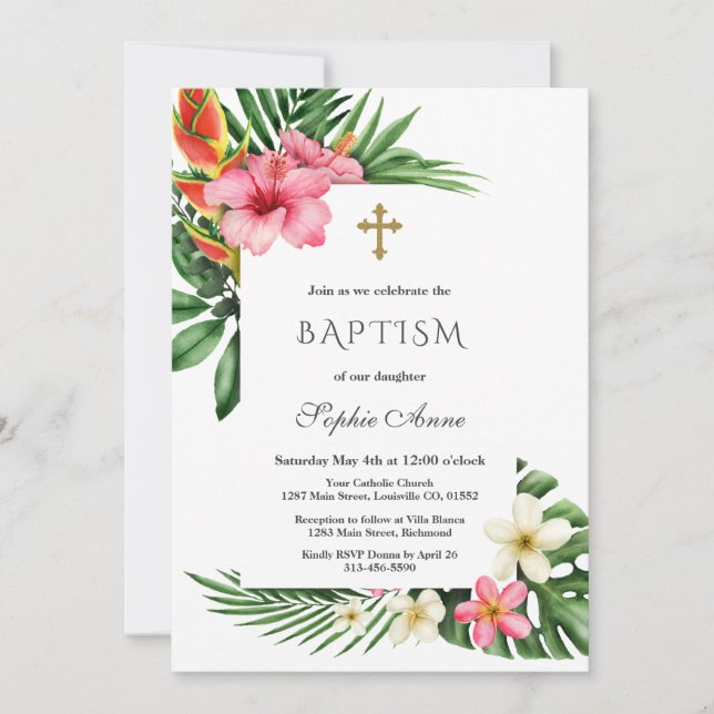 Convites Charm Luau Tropical Hibiscus Floral Baptism (Frente)