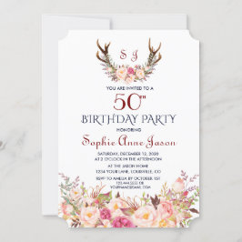Convites Charm Pink Blush Floral Antlers 50º Aniversário