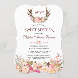 Convites Charm Pink Blush Floral Antlers Monograma Sweet 16