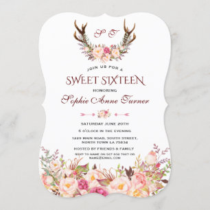Convites Charm Pink Blush Floral Antlers Monograma Sweet 16