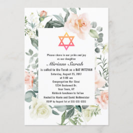 Convites Charm Pink Blush Flowers Star: David Bat Mitzvah