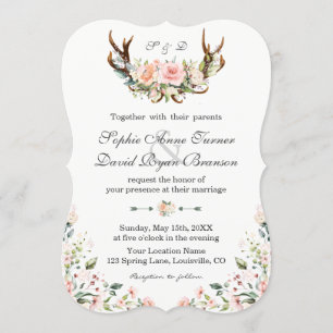 Convites Charm Pink Cream Floral Antlers Casamento