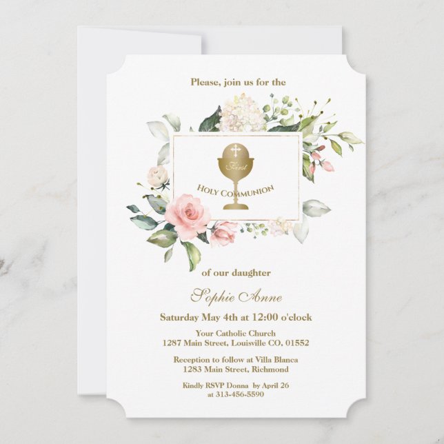Convites Charm Pink Flowers Frame Girl First Santa Comunhão (Frente)