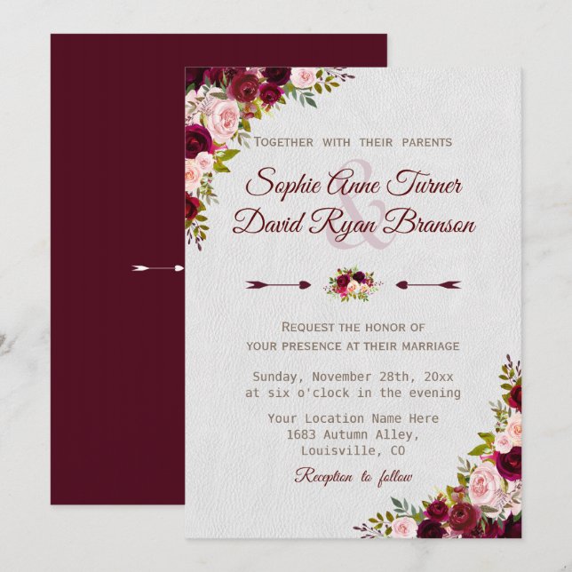 Convites Charm Rustic Burgundy Marsala Casamento Floral (Frente/Verso)