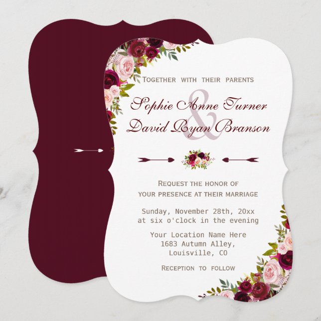 Convites Charm Rustic Burgundy Marsala Casamento Floral (Frente/Verso)