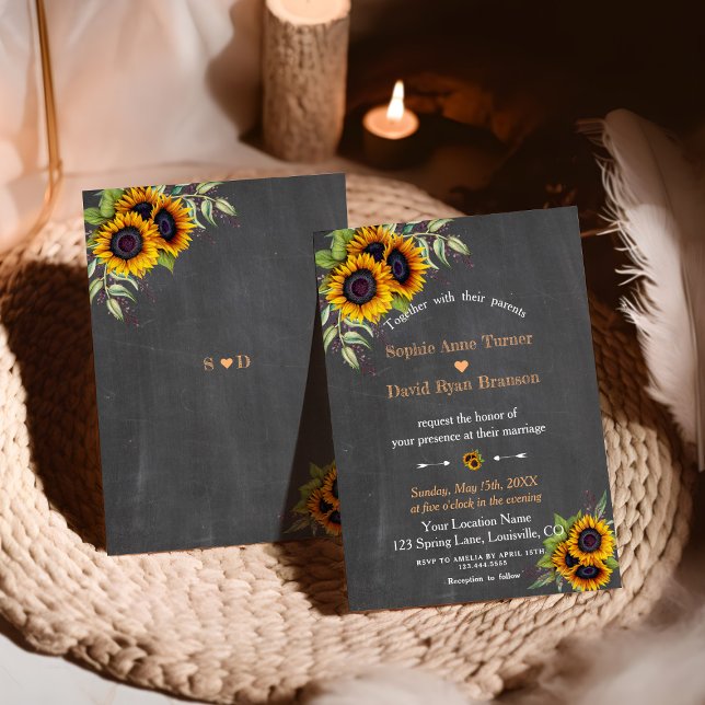 Convites Charm Watercolor Sunflower Chalkboard Weding (Criador carregado)