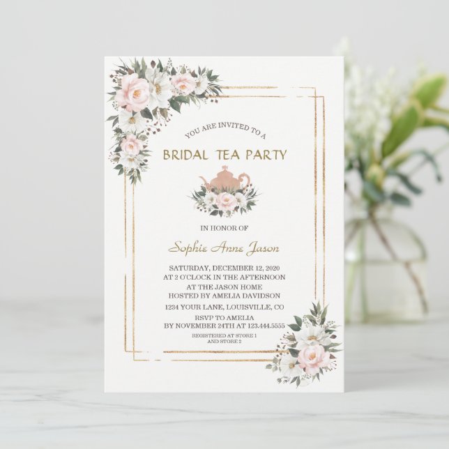 Convites Charm White Blush Flores Douradas Bridal Tea Party (Em pé/Frente)