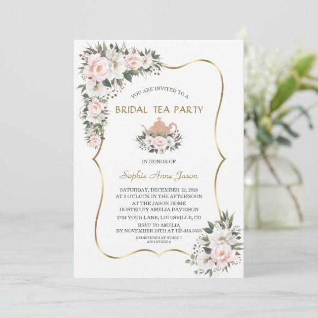Convites Charm White Blush Flowers Dourado Bridal Tea Party (Em pé/Frente)