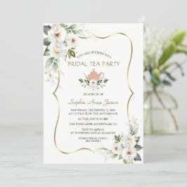 Convites Charm White Floral Dourado Chá de panela Tea Party