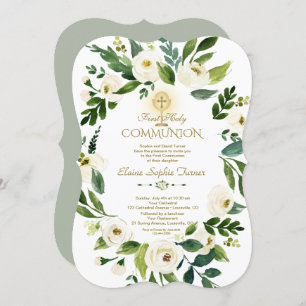 Convites Charm White Floral Wreath Cross Santa Comunhão