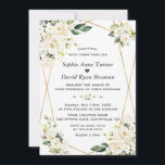 Convites Charm White Flowers Gold Monogram Wedding<br><div class="desc">Charming design featuring a faux gold frame decorated with watercolour white cream flowers,  green leaves bouquets,  floral divider; on the back white floral wreath in a heart shape,  initials,  on white background. Matching items could be found in my White Flowers Bloom Collection.</div>