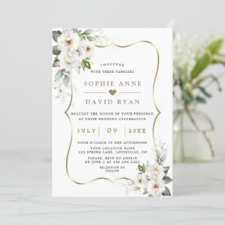 Convites Charm White Flowers Rosa Dourado Casamento