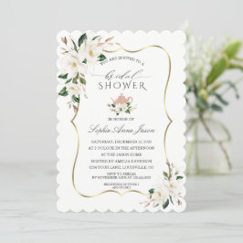 Convites Charm White Magnolia Dourada Floral Chá de panela