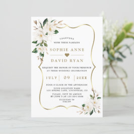 Convites Charm White Magnolia Dourada Floral Weding