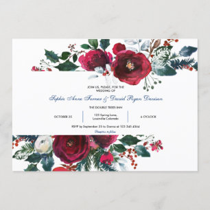 Convites Charm Winter Burgundy Floral Pine Casamento