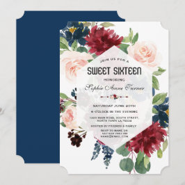 Convites Charme Burgundy Azul Marinho Floral Hexágono Sweet