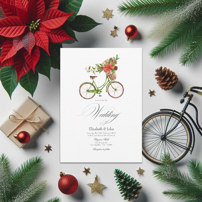 Convites Charme de Casamento no inverno de Bicicleta de Poi (Christmas Poinsettia Bicycle Winter Wedding Charm Invitation)