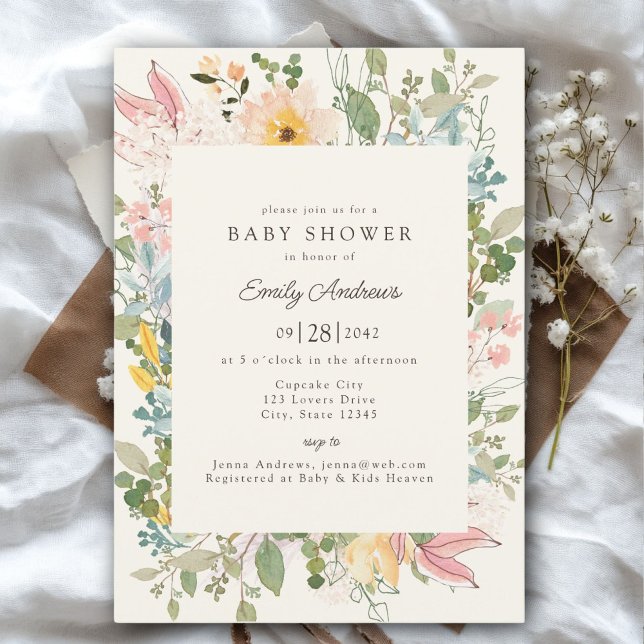 Convites Charme de Jardim de Flores Selvagens | Chá de fral (Wildflower Garden Charm | Baby Shower Beige - Pastel Invitation, Print & Download.)