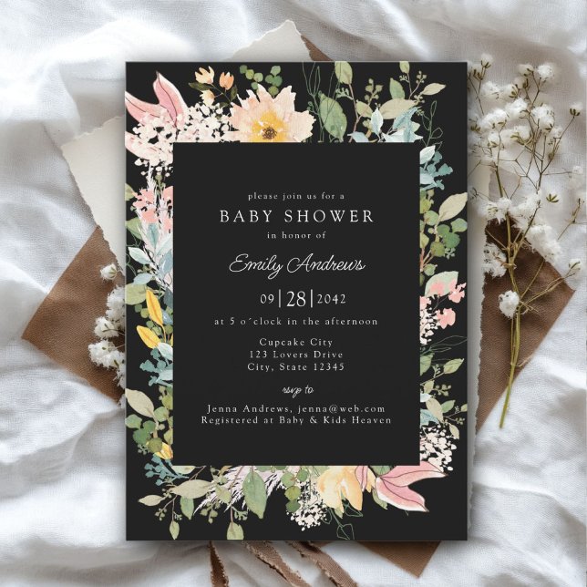 Convites Charme de Jardim de Flores Selvagens | Chá de fral (Wildflower Garden Charm | Baby Shower Black - White - Pastel Invitation, Print & Download.)