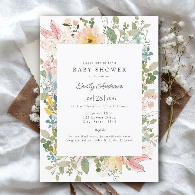 Convites Charme de Jardim de Flores Silvestres | Chá de Beb (Wildflower Garden Charm | Baby Shower White - Pastel Invitation, Print & Download.)