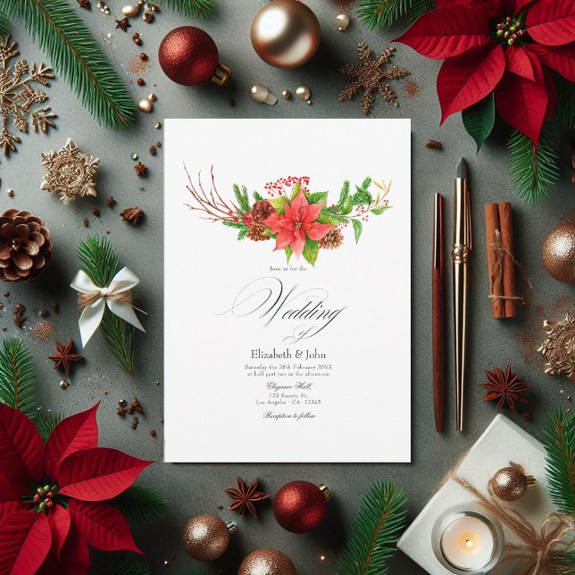 Convites Charme de Natal de Poinsettia e Pinheiro (Poinsettia and Pine Christmas Wedding Charm Invitation)