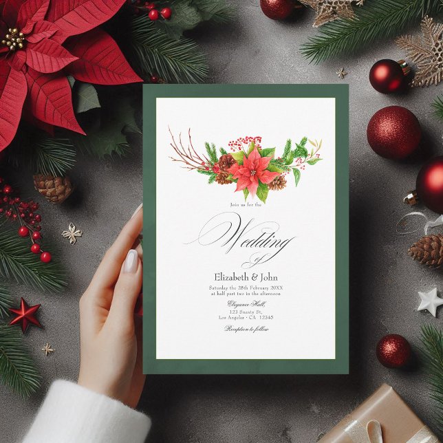 Convites Charme de Poinsettia e Casamento de Pine (Poinsettia and Pine Christmas Wedding Charm Invitation)