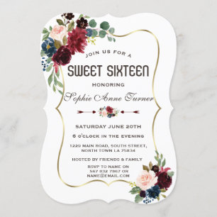Convites Charme Dourado Merlot Azul Floral Sweet 16