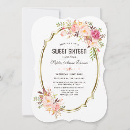 Convites Charme Rosa Blush Floral Moldura Dourada Sweet 16