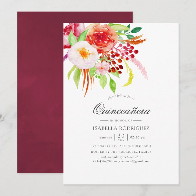 Convites Charme Rústico Vintage Floral Quinceañera (Frente/Verso)