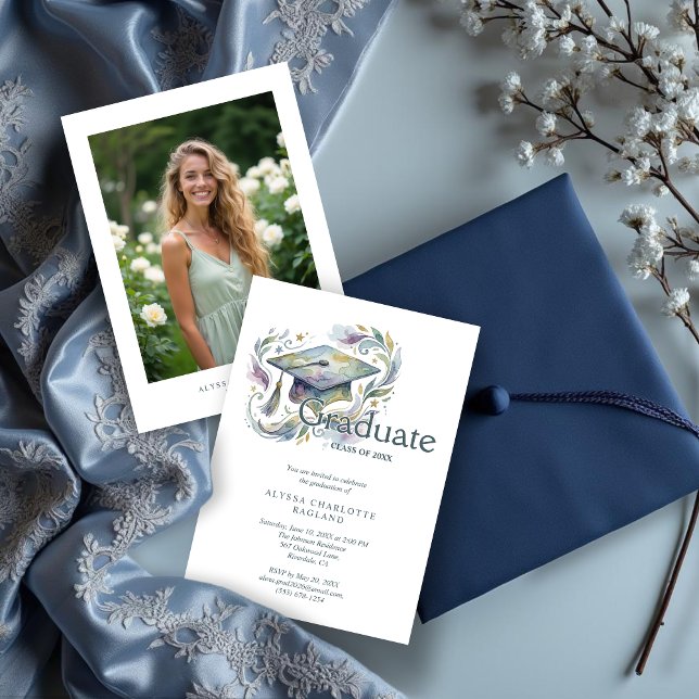 Convites Charming Blue and Green Shades Cap Graduation (Charming Blue and Green Shades Watercolor Effect Graduate Cap Graduation Invitation Card Design.)