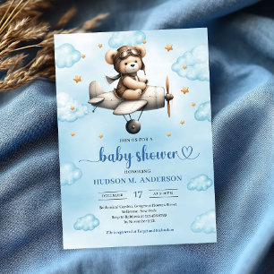 Convites Charming Blue Brown Teddy Bear Pilot Baby Shower