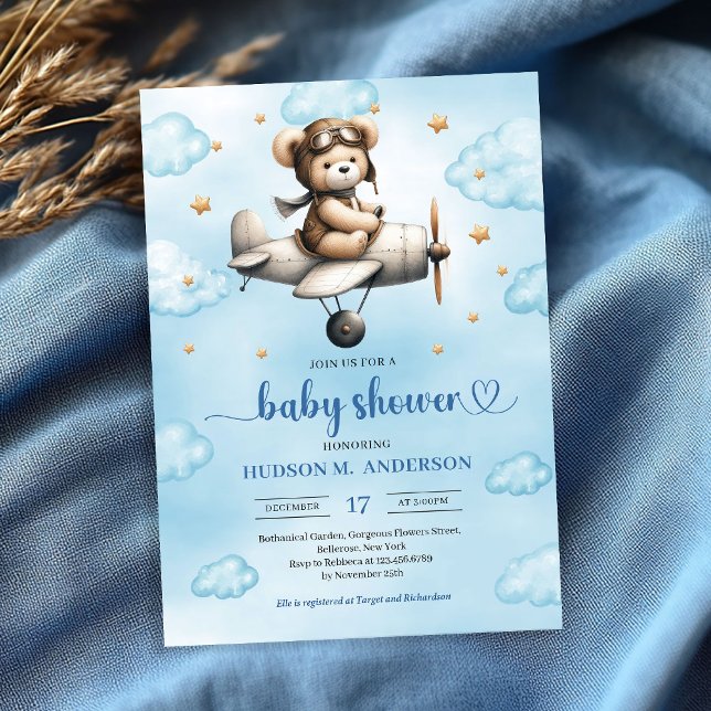 Convites Charming Blue Brown Teddy Bear Pilot Baby Shower  (Charming Blue Brown Teddy Bear Pilot Baby Shower Invite

)
