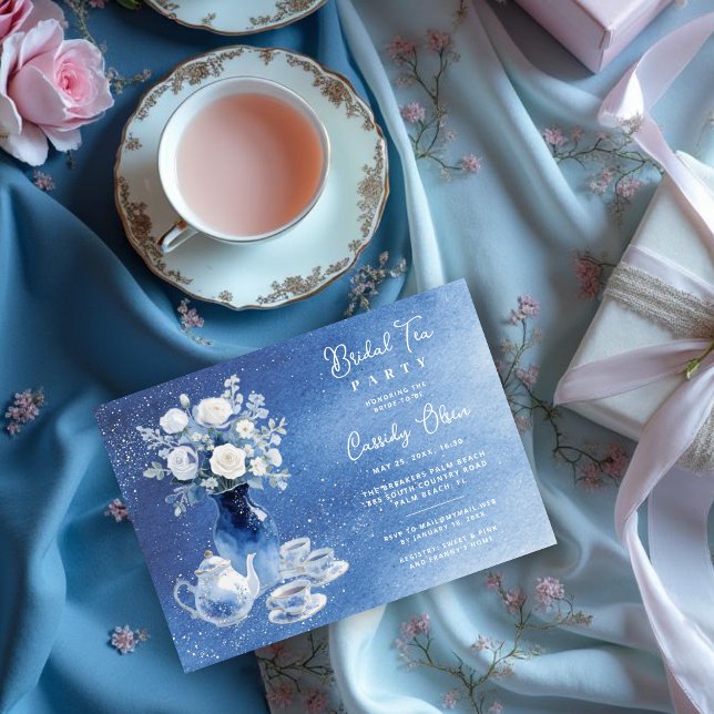 Convites Charming Blue Tones Glitter Wedding Bridal Tea Set (Charming Blue Tones Glitter Effect Bridal Tea Set Invitation Cards Honoring the Bride to Be.)