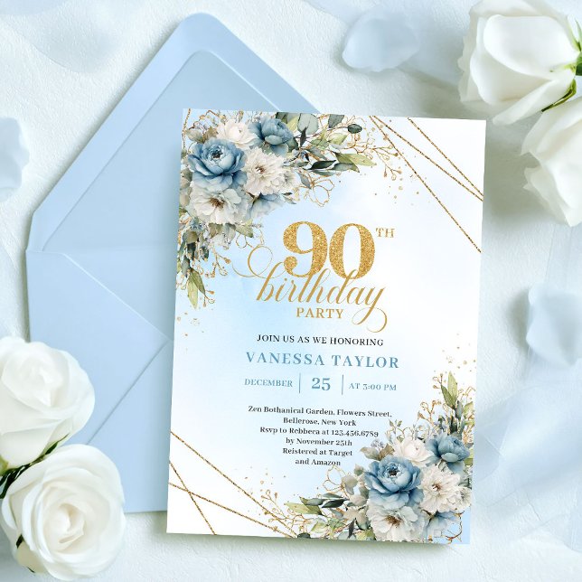 Convites Charming Boho Blue Floral Eucalyptus 90th Birthday (Charming Boho Blue Floral Eucalyptus 90th Birthday)