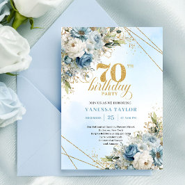 Convites Charming boho blue florals gold frame 70th birthda