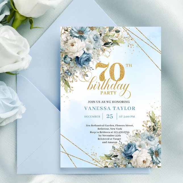 Convites Charming boho blue florals gold frame 70th birthda (Charming boho blue florals gold frame 70th birthday

)