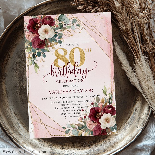 Convites Charming Boho Dark Red Dourado Rosa Aniversário (Charming Boho Dark Red Gold Roses 80th Birthday Invitation)