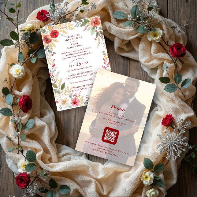 Convites Charming Botanical Winter Frame Back Photo Wedding (Charming Botanical Winter Frame & Back Photo Wedding Invitation Cards with Back Modern QR Code. )