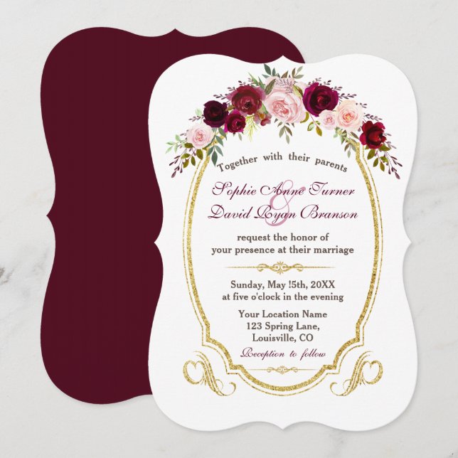 Convites Charming Burgundy Marsala Casamento outono Floral (Frente/Verso)