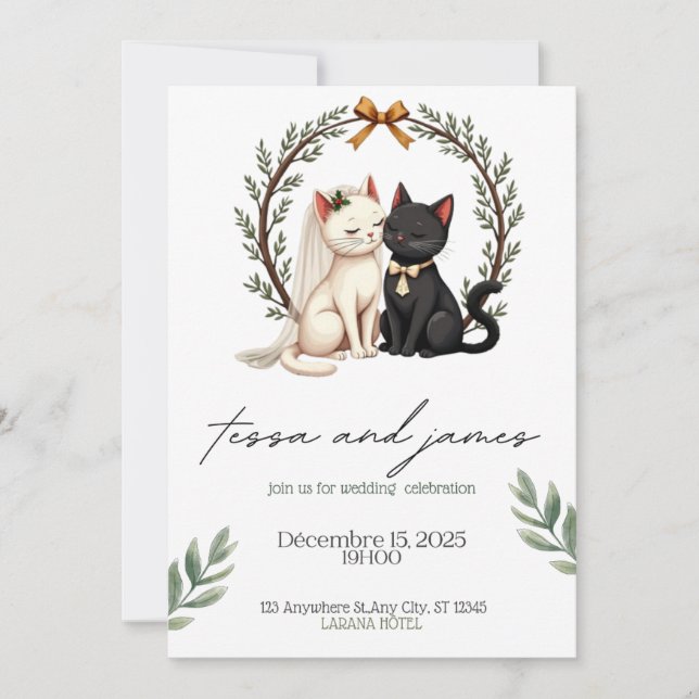 Convites  Charming Cat Couple Wedding Invitation  (Frente)