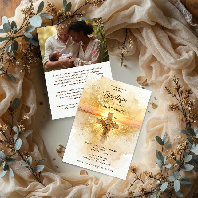 Convites Charming Christian Wildflowers Cross-Shape Baptism (Charming Christian Floral Wildflowers Cross Watercolor Effect Gold Glitter Effect Baptism Invitation)
