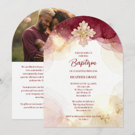 Convites Charming Cross Burgundy & Gold Glitter Baptism