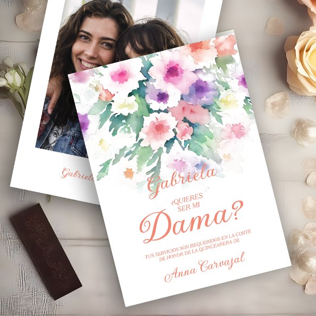 Convites Charming Delicate Colorful Wildflowers Quinceañera (Peach Spanish Charming Delicate Colorful Wildflowers Quinceañera Dama with Photo Proposal Card. )