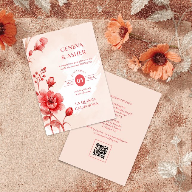 Convites Charming Delicate Flowers Juicy Red Pink Wedding (Charming Delicate Flowers Juicy Red & Pinky Pink Editorial Wedding Invitation with Back QR Code. )