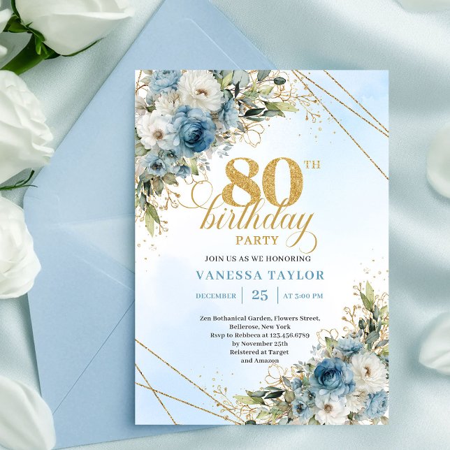 Convites Charming Dusty Blue Floral Gold 80th Birthday Card (Charming Dusty Blue Floral Gold 80th Birthday Card Plus

)