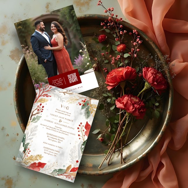 Convites Charming Fall Nature Frame Photo Wedding (Classic Timeless Elegant Christmas Wedding Wreath Invitation Cards with Back Photo and Modern QR.)