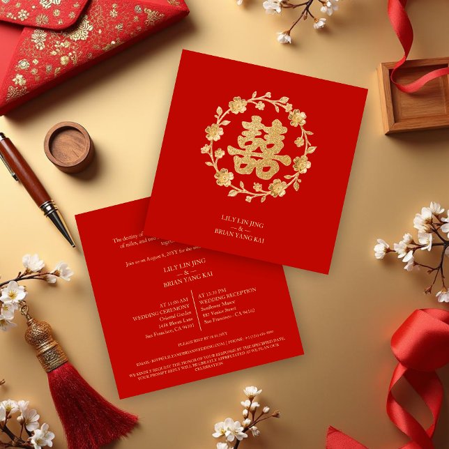 Convites Charming Glitter Floral Chinese Double Happiness (Charming Glitter Effect Floral Chinese Double Happiness Symbol Wedding Invitation. )